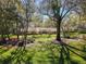 Expansive front yard showcases a lush lawn, mature trees and beautiful landscaping surrounding a single-story home at 3431 Dawn Ct, Lake Mary, FL 32746