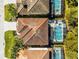 Aerial view of a home with a tile roof, screened pool and spa, and lush landscaping at 5283 Wildwood Way, Davenport, FL 33837