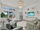 Bright living room boasts a decorative chandelier, plush seating, and access to the outdoor patio at 10148 Chiltern Garden Dr, Orlando, FL 32827