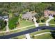 Aerial view showcasing the home's lush landscaping, backyard, nearby street, and cul-de-sac, blending luxury and location at 743 Mills Estate Pl, Chuluota, FL 32766
