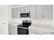 A close up of stainless steel oven, stove and microwave and gray cabinets at 144 Jones Fish Camp Rd, Edgewater, FL 32141