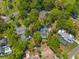 An aerial shot outlining the property showing mature trees, the screened in pool, and the surrounding neighborhood at 1511 Grandview Blvd, Kissimmee, FL 34744