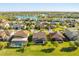 Beautiful aerial view of houses in a lakeside community with screened-in pools and lush green lawns at 1810 Trophy Bass Way, Kissimmee, FL 34746