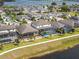 Aerial view of neighborhood showcasing fenced backyards, screened patios and neighborhood lake at 5647 Barletta Dr, St Cloud, FL 34771