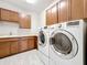 Functional laundry room with modern washer/dryer units, custom cabinets, and countertops at 5647 Barletta Dr, St Cloud, FL 34771