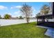 View of the lush backyard, complete with a screened patio and privacy fencing at 645 Riverwoods Cir, Orlando, FL 32825