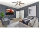 This staged living room boasts contemporary furnishings, neutral tones, and stylish decor for a cozy and inviting space at 2351 Kelbrook Ct, Oviedo, FL 32765