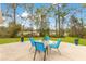 Outdoor patio features a table and chairs with serene views of the lush backyard and pond at 30041 Redoak Ave, Eustis, FL 32736