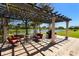 Outdoor patio featuring pergola, stone columns, and a view of the lake at 3403 Great Pond Dr, Kissimmee, FL 34746