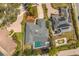 A bird's eye view shows the home with a gray roof, pool, and garden, with beautiful mature landscaping at 111 Woodstream Ct, Maitland, FL 32751