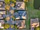 Birds eye aerial view of homes with landscaped yards, trees, and a serene pond creating a picturesque community at 2680 Lookout Ln, Kissimmee, FL 34746