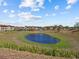 Picturesque aerial view of the community pond and surrounding buildings against a bright blue sky at 831 Retreat Blvd # 103, Davenport, FL 33897