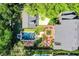 An aerial view of a backyard with a pool, patio, fountain, and beautiful landscaping and mature trees at 1911 Stonehurst Rd, Winter Park, FL 32789