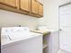 Functional laundry room with a washer, dryer, and upper cabinets at 253 Lake Cassidy Dr, Kissimmee, FL 34759