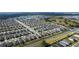 Aerial view of a neighborhood, showcasing rooftops, neat landscaping, and roads amidst green spaces and a pond at 5841 Bullock Pl, St Cloud, FL 34771