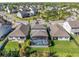 An aerial view of a well-maintained neighborhood showcases a screened pool and green lawns at 753 Daybreak Pl, Longwood, FL 32750