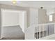Carpeted upper hallway featuring white trim and railing at 14740 Hartford Run Dr, Orlando, FL 32828