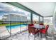 Inviting screened-in lanai features a dining table and overlooks the private pool and backyard at 1551 Observer Ln, Davenport, FL 33896