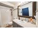 Bathroom with a shower and tub featuring a large vanity with a framed mirror at 2935 Apaloosa Trl, Deltona, FL 32738