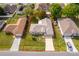 An aerial perspective of a single-Gathering home on a verdant lot, framed by a red boundary line for emphasis at 142 Barrington Dr, Kissimmee, FL 34758