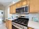 Stainless steel kitchen range with tile backsplash, complemented by light wood cabinetry at 14228 Portrush Dr, Orlando, FL 32828