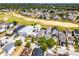 This aerial showcases lovely homes within a community featuring a golf course and lush trees at 1523 Corolla Ct, Reunion, FL 34747