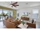 Cozy living room featuring a ceiling fan, comfortable seating, and seamless indoor-outdoor living at 1523 Corolla Ct, Reunion, FL 34747
