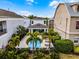 Aerial view of a private pool surrounded by lush landscaping and patio furniture at 1523 Corolla Ct, Reunion, FL 34747