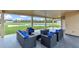 Outdoor seating area featuring modern furniture, a fireplace, and views of the backyard pool at 12323 Sweet Hill Rd, Polk City, FL 33868