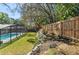 Landscaped backyard featuring pool and garden beds along fence at 204 Smokerise Blvd, Longwood, FL 32779