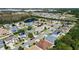 This aerial view shows neighborhood homes close to a pond in a green community at 2501 Hinsdale Dr, Kissimmee, FL 34741