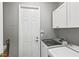 Functional laundry room with modern washer and dryer units, cabinets, and convenient access to the exterior at 2501 Hinsdale Dr, Kissimmee, FL 34741