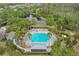 Aerial view of community pool featuring lounge chairs, mature trees, and a nearby pond at 3747 Moon Dancer Pl, St Cloud, FL 34772