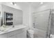 Bright bathroom featuring modern fixtures, a vanity with sink, toilet, and a shower-tub combination with curtain at 418 Marcello Blvd, Kissimmee, FL 34746