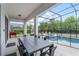 Covered patio with a dining area overlooking a screened pool at 418 Marcello Blvd, Kissimmee, FL 34746