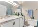 Bathroom with white vanity, granite countertop, and decorative accents at 704 Sky Tree Ct, New Smyrna Beach, FL 32168