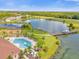 An aerial view shows the community pool, playground, lake, and clubhouse at 4955 Castle E St, Kissimmee, FL 34758