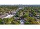 Aerial view of neighborhood, highlighting a home with mature trees, lush landscaping, and a distant city skyline at 801 Silver Dr, Orlando, FL 32804