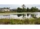 Picturesque view of the lily pad covered pond with homes and trees in the background under a cloudy sky at 17394 Million Lakes Ct, Clermont, FL 34714