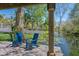 Relaxing backyard view with Adirondack chairs on a deck overlooking a pond offers serene outdoor living at 640 Old Horatio Ave, Maitland, FL 32751