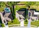 Overhead view showing the house, fenced yard, pool, neighboring homes and lush landscaping at 5456 Crepe Myrtle Cir, Kissimmee, FL 34758