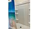 Clean shower featuring modern white shelving and a decorative shower curtain at 994 King Parc Rd, Orange City, FL 32763