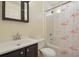 Charming bathroom with flamingo shower curtain, dark wood vanity, and neutral walls at 1740 Efland Ter, Deltona, FL 32738