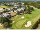 Aerial view of a golf course community, showcasing a home's backyard pool and proximity to the green at 7419 Gathering Ct, Reunion, FL 34747