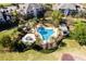 Aerial view of a community pool and jacuzzi surrounded by palm trees and lush landscaping at 7419 Gathering Ct, Reunion, FL 34747