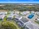 Aerial view of newly built neighborhood with community playground and enclosed pools at 1739 Oak Blossom Dr, Davenport, FL 33837