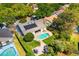 Aerial view of a private backyard featuring a pristine pool, well-manicured lawn, and outdoor dining area at 12712 Forestedge Cir, Orlando, FL 32828
