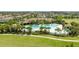 Aerial view of the community pool surrounded by palm trees, green lawns, and lounge chairs at 17101 Water Spring Blvd, Winter Garden, FL 34787