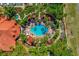 Aerial view of the community pool with surrounding cabanas, palm trees, and manicured grounds at 217 Sevilla Ave, Davenport, FL 33897