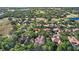 Aerial shot of a residential neighborhood with tree-lined streets, well-maintained homes, and scenic golf courses at 25603 High Hampton Cir, Sorrento, FL 32776